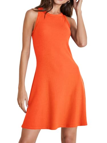 Image of Wenrine Womens Summer Casual Tank Dress Ribbed Knit Sleeveless Crewneck A Line Mini Dresses