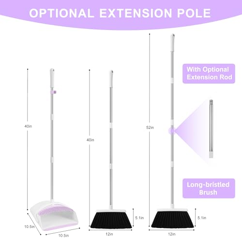 Image of Broom with Dustpan Combo Set for Home, 52-in Long Adjustable Handle Angle Broom and Dustpan Set with Dustpan Comb Teeth for Sweeping Pet Hair Food Dirt Kitchen (White-Purple)