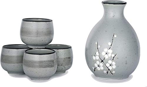 Happy Sales HSSS-CBBLGY Japanese Style Perfect Glazed Porcelain Sake Set Tokkuri 95 fl oz Bottle with Four Sake Ochoko Cups 15 fl oz Sake Set Light Blue Grey Cherry Blossom