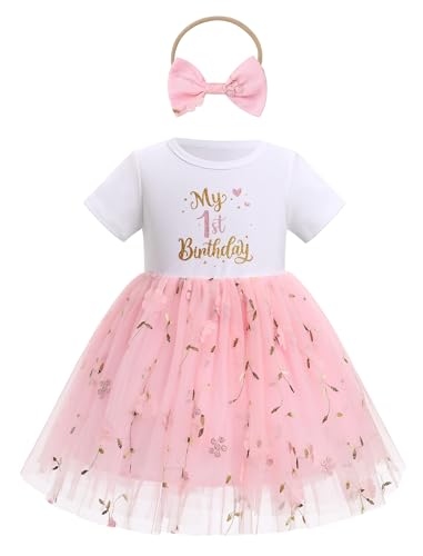 ODASDO Baby Girls First Birthday Outfit Cotton Short Sleeve Tulle Tutu Princess Dress with Bowknot Headband Set