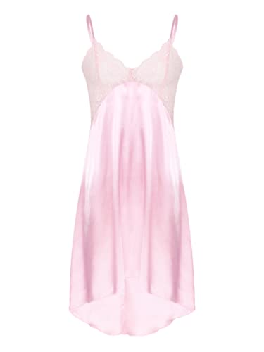 Men's Lace Patchwork Satin Sissy Dress Irregular Hem Sleeveless Sleepwear Pajamas Nightdress