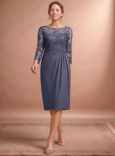 Long Sleeves Mother of The Bride Dress 2 Pieces Lace Appliques Chiffon Crew Neck Formal Evening Party Gowns for Women3