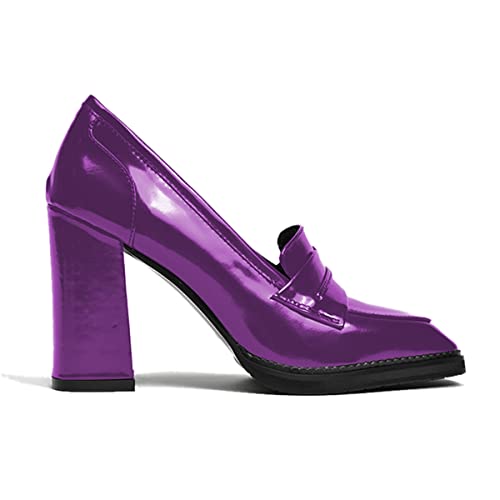 Image of FOWT Dressy High Block Heels Loafers for Women Classical Square Toe Pumps Comfortable Slip On Walking Shoes School Uniform Goth Oxfords US Size 4-16 M