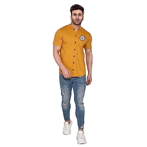 Image of Geum Men's Mandarin Collar Shirt with Graphic Print| Short Sleeve Cotton Blend Slim Fit Casual Shirt for Men