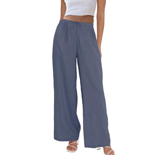 Image of Duyang Womens Cotton Linen Palazzo Pants Drawstring Elastic Waist Casual Wide Leg Trousers with Pockets