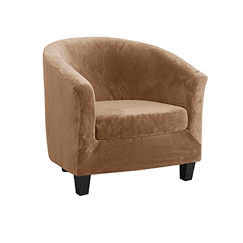 MIFXIN Tub Chair Slipcover 2-Piece Velvet Barrel Club Chair Covers with Cushion Cover Stretchy Soft Washable Armchair Sofa Couch Furniture Protector for Living Room Hotel Counter Cafe (Tan)