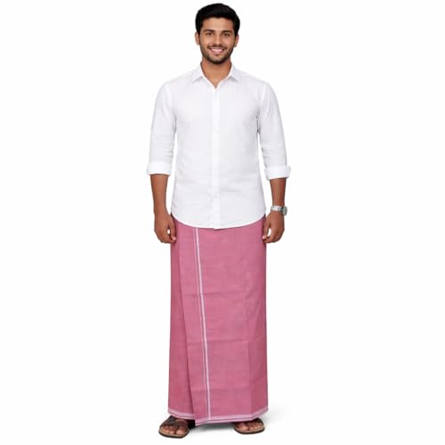 Image of Pure Cotton Dhoti for Men (1.28 x 1.87 m) | Solid Panchalu with Varied Small Color Border | Kerala Cotton Veshti, Khadi Dhoti | Lightweight Pooja & Temple Wear