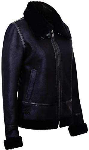 Women's Black Real WW2 Shearling Sheepskin Aviator Pilot Biker Jacket2