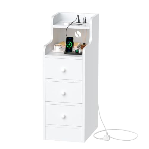 Utlenianie Juego de 1 Mesitas de Noche Estrechas, Mesilla de Noche con 2 Puertos y 2 Tomas USB, 3 Cajones, Mesa de Noche 25x35x70 cm, Mesa Auxiliar, Estilo Moderno, para Dormitorio/salón, Blanco