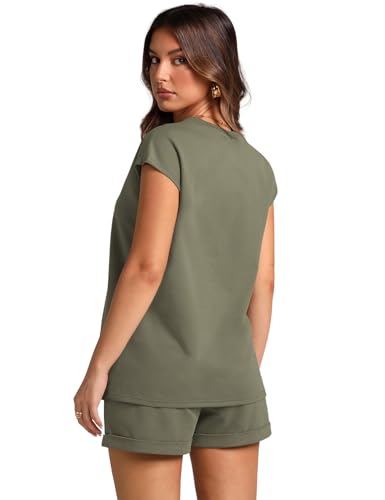 Image of WIHOLL 2 Piece Sets for Women Casual Summer Travel Vacation Outfits Cap Sleeve Shorts Lounge Set