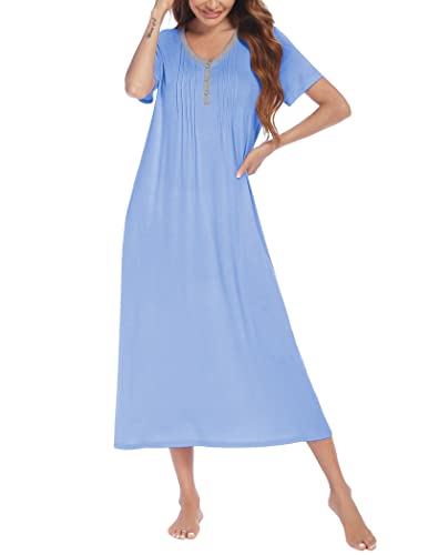 Ekouaer Loungewear Womens V Neck Sleepwear Short Sleeve Sleep Dress Full Length Nightgown Clear Blue S #TOP2