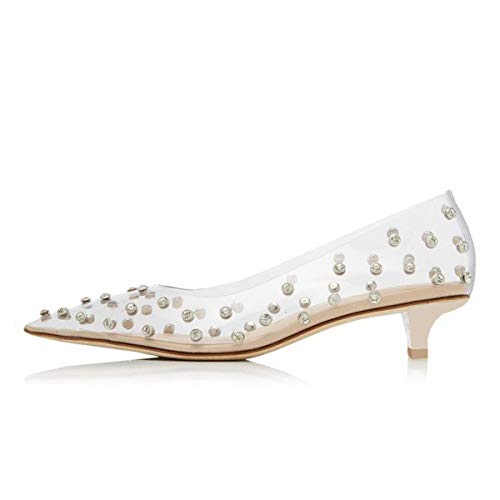 FSJ Women Fashion Transparent Clear Pumps Kitten Low Heels Studded Rhinestones Studs Slip On Bridal Party Dress Shoes Size 4-15 US2