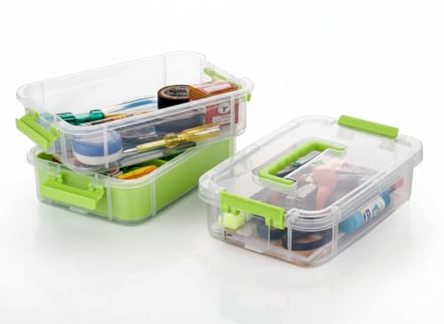 Image of plastic boxes for Storage transparent boxes for storage, Portable & Stackable Space Saving Organiser with Lid for Medicine, Jewelry, Arts & Crafts, Buttons, Beads (Green, 1 TIER WITH 1 TRAY)