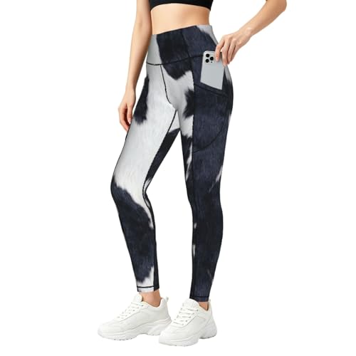 Leggings con estampado de cuero vacuno pantalones elásticos con bolsillos laterales