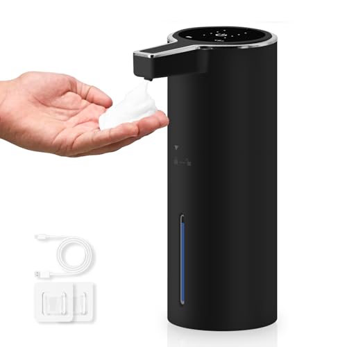 HMJIA Distributeur Savon Automatique 4 Niveaux Réglables Distributeur Savon Electrique avec Capteur IPX6 Distributeur de Savon Etanche pour Cuisine et Salle de Bain Hôtel Restaurant (Noir Mousse)
