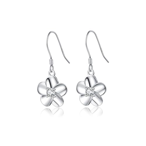 Reffeer Solid 925 Sterling Silver Hawaiian Flower Drop Earrings Plumeria for Women Teens CZ Flower Dangle Earrings Hooks for Spring