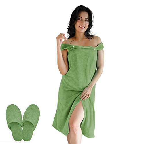 Image of Sassoon Venir Microfiber Bath Wrap Towel with Slippers for Women (Pack of 1) - Green Color