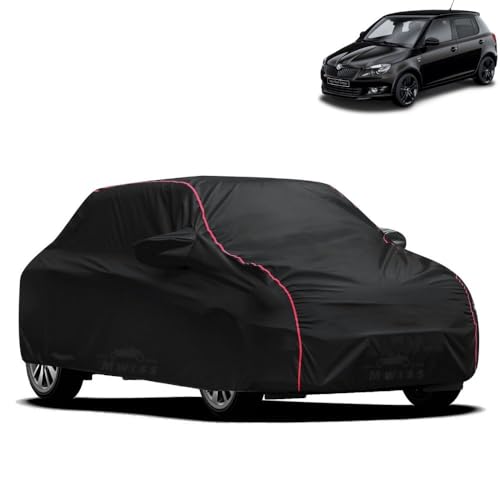 Image of Waterproof Car Cover for Skoda Fabia | All-Weather Protection, Dustproof & UV Resistant | Triple Stitched Mirror Pockets, Windproof Buckle Strap with Elastic Hem, Black-Red Piping