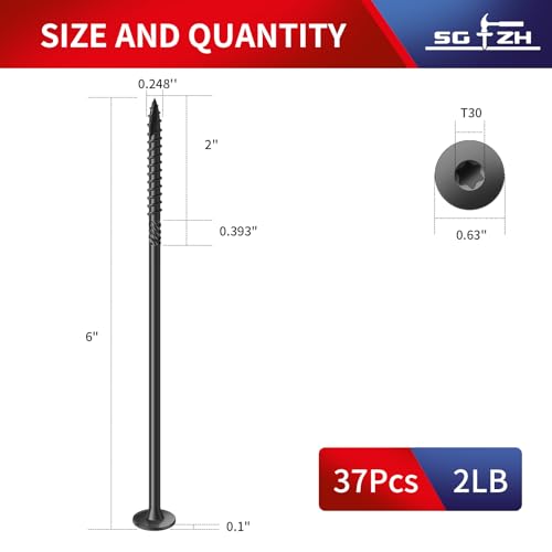 Image of #14 x 6 Inch Outdoor Structural Wood Deck Screws (37Pcs /2lb), Carbon Steel, Black, Flat Head, Rust Resistant Epoxy Coated, T30 Star Bit