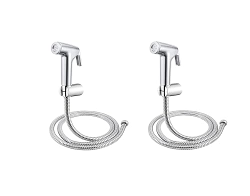 Image of Bathroom Jet Spray for Toilet with ABS Health Faucet Gun, 1 Meter Flexible Stainless Steel Hose Pipe, Wall Hook Holder, Leak Proof, High Pressure | Hygiene and Cleaning | Set of 2