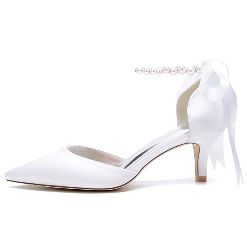 Closed Toe Pearl Kitten Heels Satin Wedding Shoes for Bride Low Heels with Bow Bridal Heels for Women Prom Evening Party Dress Shoes Pumps3