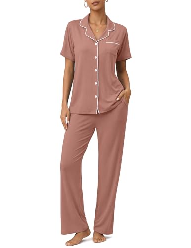 Image of ZMJ Womens Pajamas Sets 2 Piece Button Up Pj Sets Short Sleeve with Long Pant