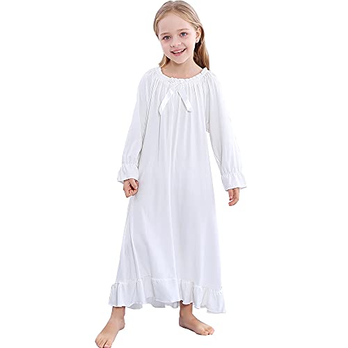 Flwydran Camisones Niñas Manga Larga Suave Familia Pijama Largo Nightdress Sleepwear, blanco 2, 9-10 Años Cover