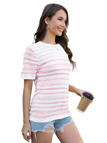 ANCAPELION Women's Short Sleeve Sweater Top Striped Knit Crew Neck Pullover for Summer Trendy Shirts3