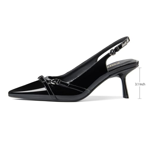 Image of Kitten Heels for Women Closed Pointed Toe Heels Patent Leather Low Heel Slingback Dress Shoes Feature Adjustable Buckle for Date Party Work Office Comfortable Sexy Pumps Shoes