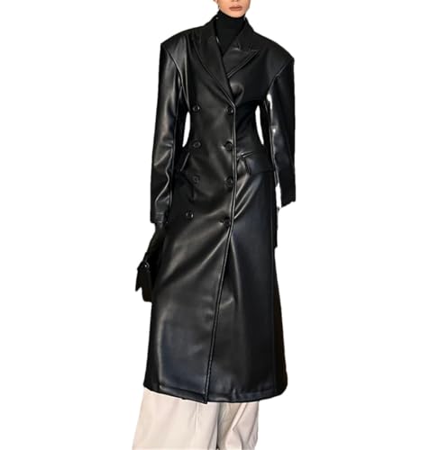 Trench de luxe noir femme en cuir PU coupe ajustée coupe-vent à double boutonnage