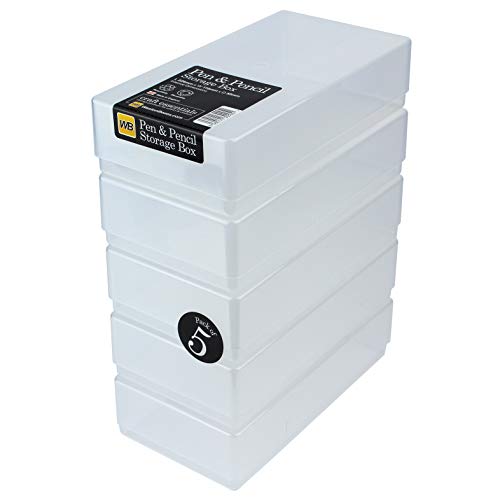 WestonBoxes Plastic Storage Boxes with Lids for Pens, Pencils and Stationery - 1.4 Litre Volume (Clear/Transparent, Pack of 5)