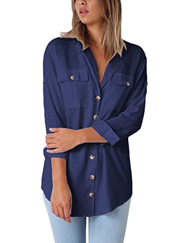 Vetinee Women's Casual Button Down Blouse Shirts Cuffed Sleeve Loose T-Shirt Tops Navy Size Large (Us 12-14) #TOP2
