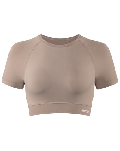 Image of AUROLA Influence Women Crop Top Short Sleeve Compression Workout T-Shirt | Raglan Short Sleeve Crop Top, High-Stretch Seamless Knit, Stay-Put Ribbed Underband, Soft Breathable Comfort