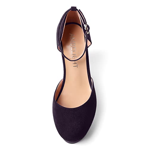 AMBELIGHT Womens Suede Solid Cute Round Toe Party Platform Ankle Strap Buckle Wedge High Heel Pumps Shoes 4 Inch3