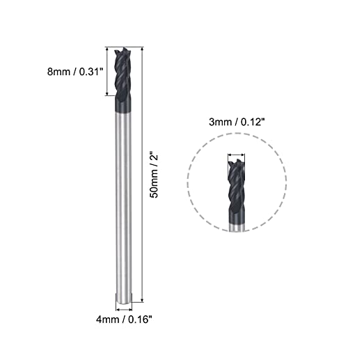 Image of uxcell Square Nose End Mill, 3mm Tip Dia Solid Carbide AlTiN Coated CNC Router Bits 4 Flute Spiral Milling Cutter HRC45 with 4mm Shank 50mm (2-inch) Length