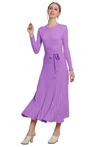 Image of Women's Long Knit Crewneck Sweater Dress Tie Waist A-Line Swing Pleated Bodycon