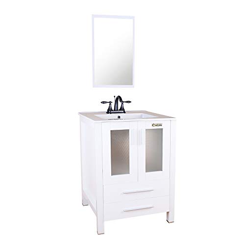 eclife 24 Bathroom Vanity Sink Combo with Overflow White Drop in 3 Hole Ceramic Sink Top & White MDF Modern Bathroom Cabinet & ORB Solid Brass Faucet and Pop Up Drain with Mirror DR02B03W