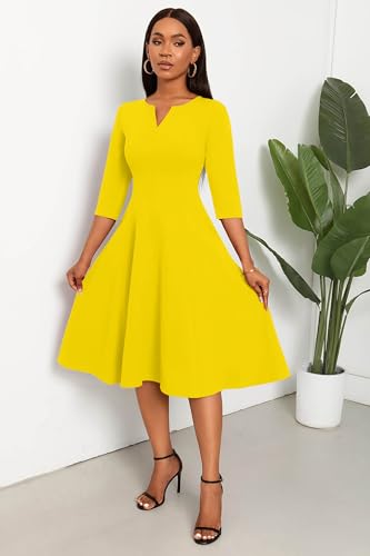 Image of Nmoder Midi Dresses for Women A-Line Fit and Flare Dress 3 /4 Sleeve V Neck Cocktail Wedding Guest Work Dress with Pockets