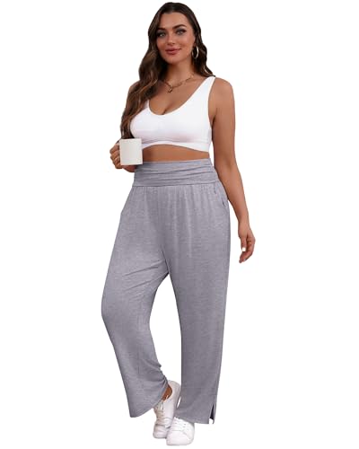 Locoowai Pacote com 3 calças femininas plissadas plus size, pernas largas, fenda lateral, lounge, io