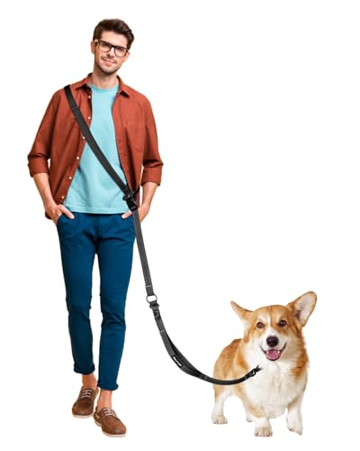 WANFIRE ハンズフリー 犬用リード クロスボディ 1.6-2.4m (5.3-7.8Ft) 車用シートベルト&両面反射付き 散歩・ジョギング・ハイキング・旅行用 (ブラック Black)