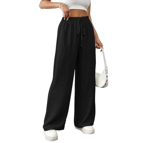 Pantalon en lin femme noir Risipu à jambe large et taille haute en taille S