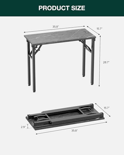 Image of Frylr Small Folding Computer Desk - 35.8 Inch Portable Table for Craft and Study, Lightweight Desk for Small Spaces, Foldable Laptop Table Built-in AC /USB Outlets for Convenience, Marble Greige