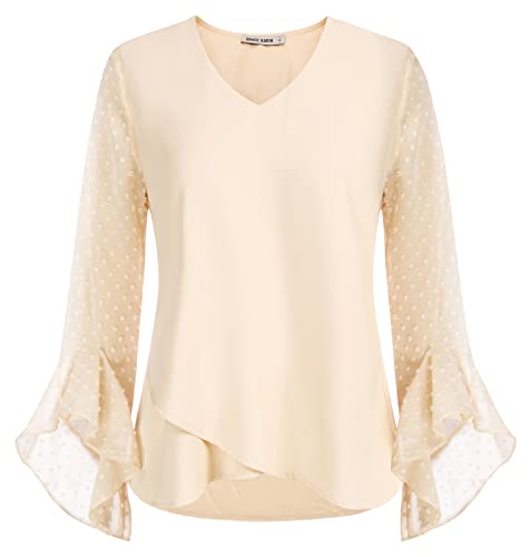 Damen Swiss Dots Tops Elegant Chiffon Bluse Langarm Oberteile Glockenärmel...