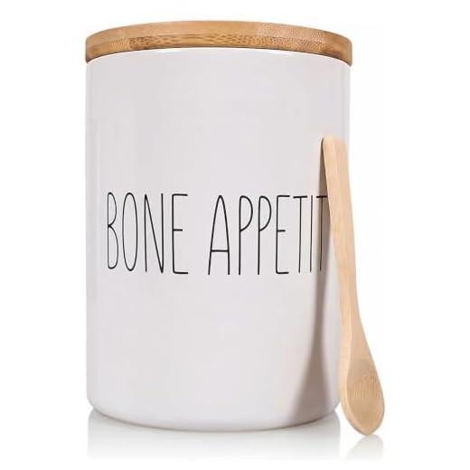 ARTHAUSEN Dog Treat Jar Bone Appetit Ceramic 1080 ML 4 Cups Pet Food Storage Jar Treat Canister Container with Airtight Bamboo Lid and Spoon for Countertop, Treats for Dog Puppy Cat Kitten