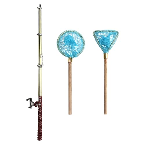 1 Set Miniature Fishing Rods and Fish Net Set for 1:12 Scale Dollhouse Decoration, Mini Fairy Garden Micro Landscape Furniture Accessories, Beach Pond House Decor Crafts with Fishing Pole Gear Models
