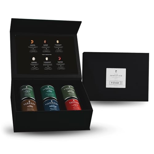 P-Stash Black Box Mix de Frutos Secos Pure Sensation – Caja de 6 – Anacardos, Almendras & Pistachos – Frutos secos mezclados con especias únicas, tostados a mano en Berlín