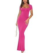 REORIA Womens Summer Square Neck Short Sleeve Long Dress Formal Wedding Guest Elegant Ribbed Body...