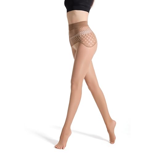 Image of Frola Oil Shiny Stockings Pantyhose 360Seamless Crotch High Waist Smooth Tights for Women (Large, Brown-Hollow)