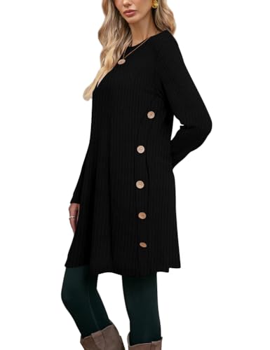 Poetsky Women Long Sleeve Tunic Tops to Wear with Leggings Side Buttons Long Shirts Rib Sweater Dress with Pockets3