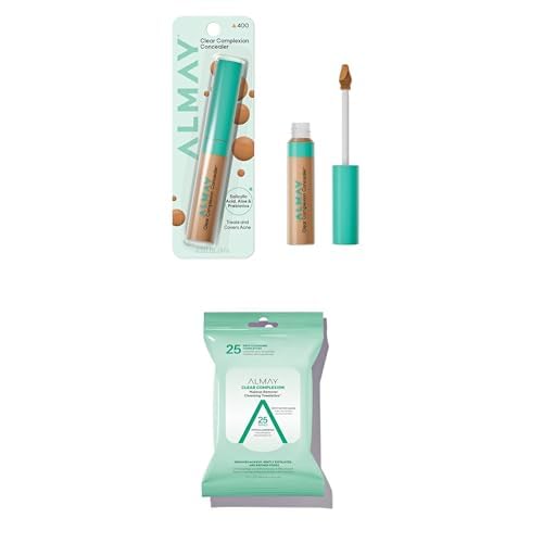 Almay Clear Complexion Concealer+ Makeup Remover Cleansing Towelettes, Cruelty-Free Makeup for Acne-Prone Skin, Non-Comedogenic, Vegan, Hypoallergenic, 400, 0.3 fl oz